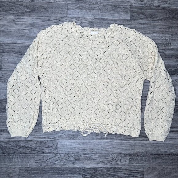 Marine Layer Sweaters - Marine Layer Women's Cream Manzanita Crochet Fringe Sweater Size XL Tie Waist